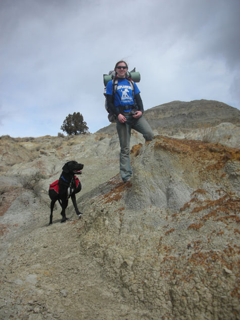 Black lab wearing a dog backpack while hiking