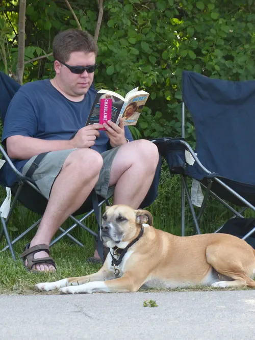Baxter laying down by the lawn chairs - How to teach your dog to be patient